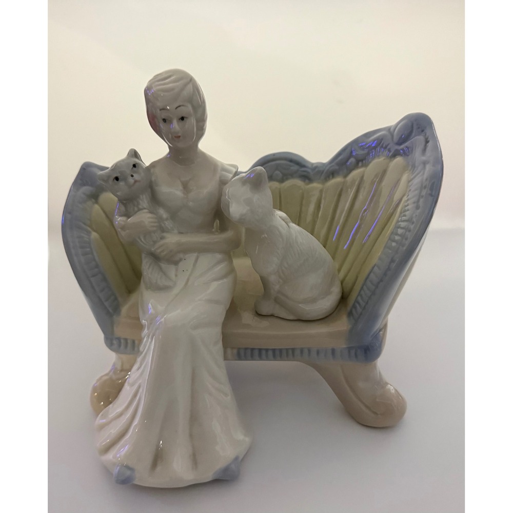 Vtg Porcelain Lady Sitting On Couch Bench Figurine With 2 Cats Cotagecore